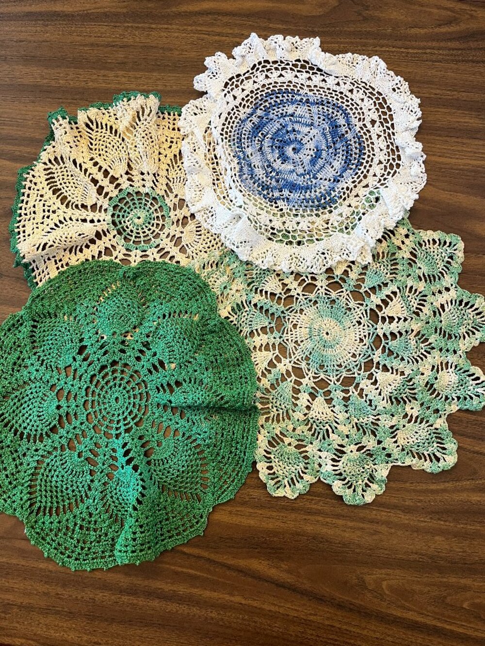Handmade Vintage Crochet Doilies, Green and Blue, Lot of 4 Shabby Chic Grandma